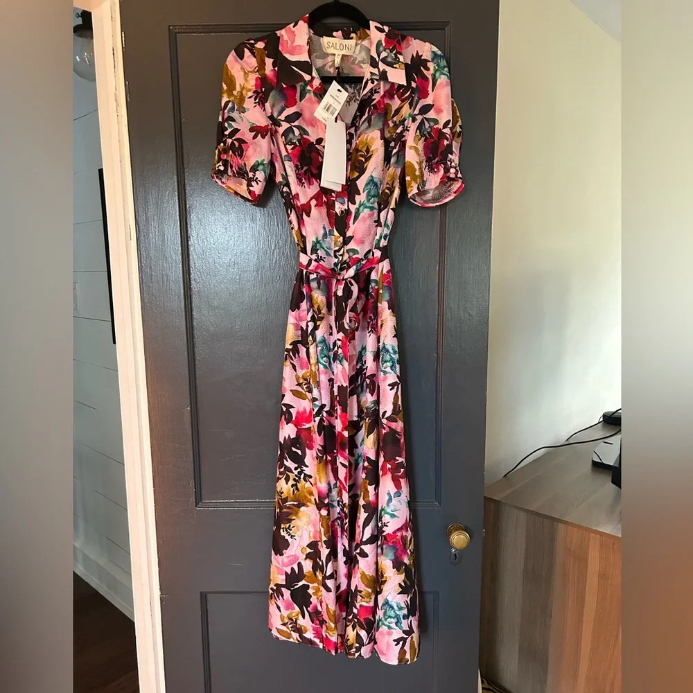 Saloni Vanessa Floral Silk Tie-Waist Shirtdress 4 NWT - Picture 2 of 10